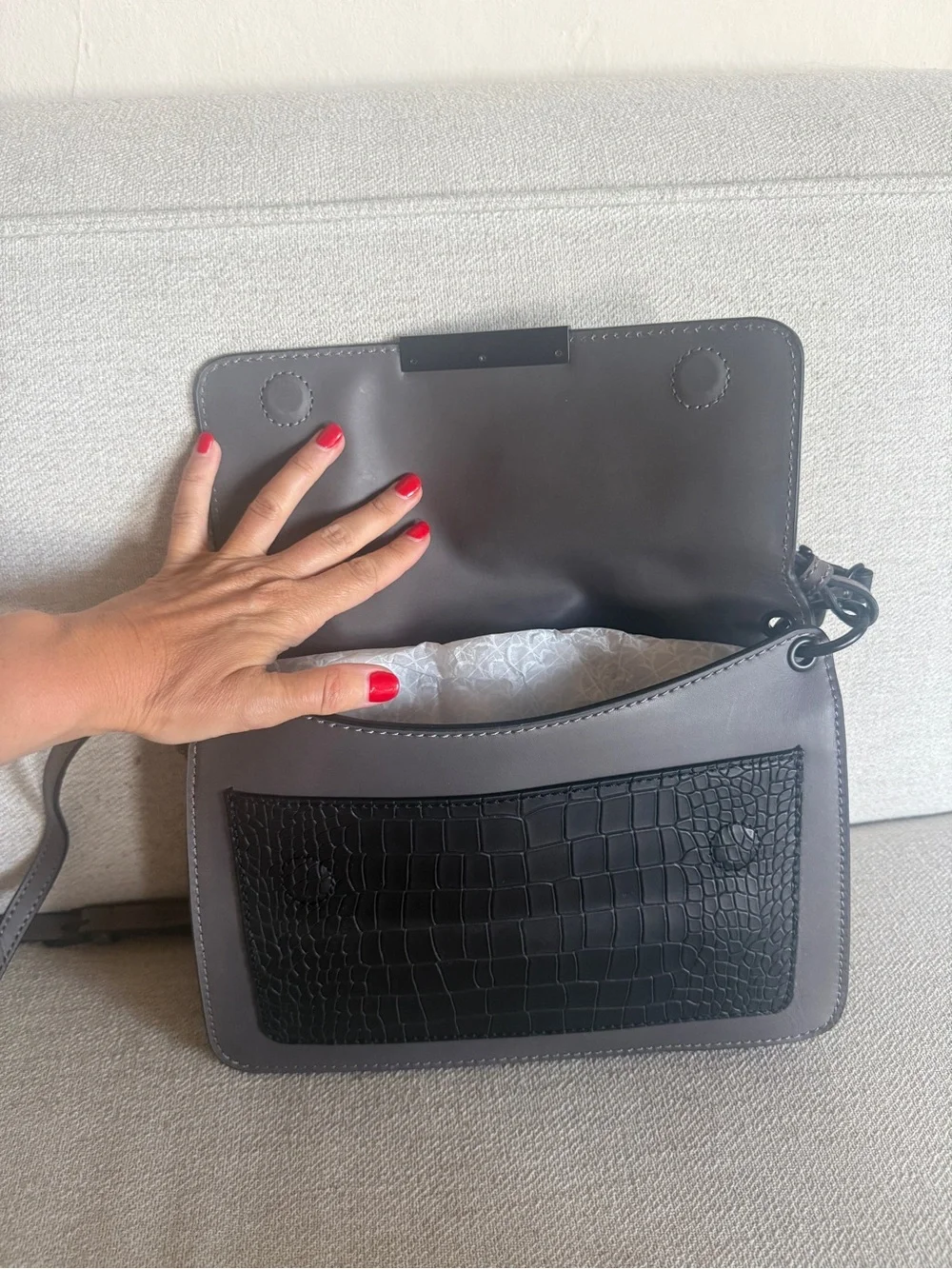 Structured Gray Leather Crossbody Bag with Black Croc Accent